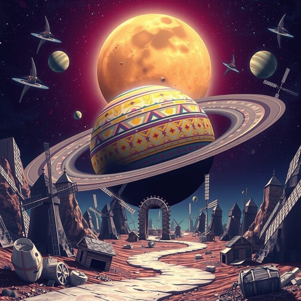 Dutch Windmills Under Alien Skies with Psychedelic Nebulae