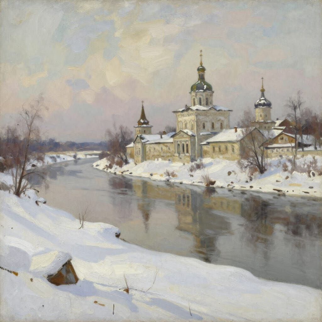 Winter Monastery on River in Alexey Savrasov Style
