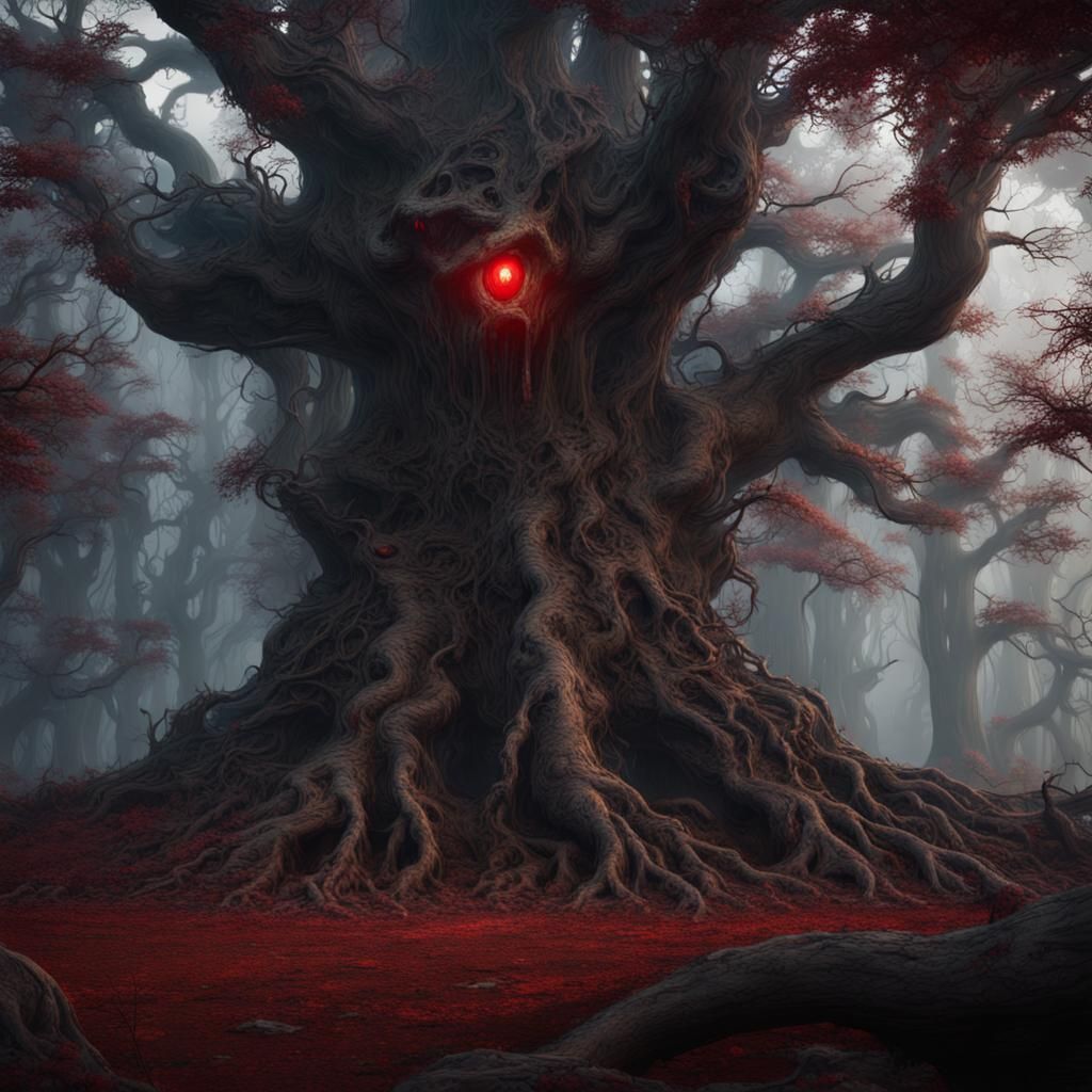 Eerie Red-Eyed Trees in Ghostly Ancient Forest