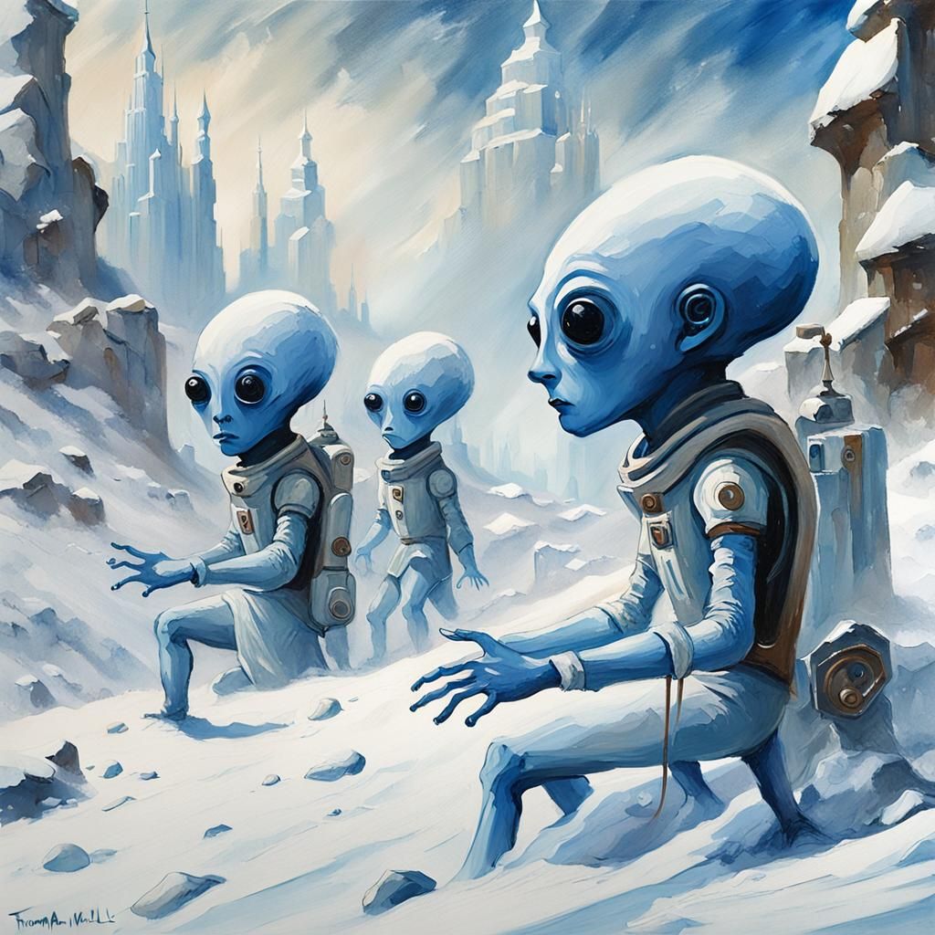 Blue Aliens Playing in Snow, Modern Acrylic Art