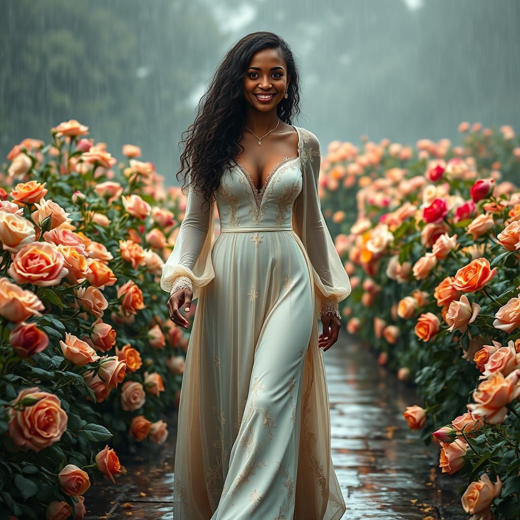 Hyperrealistic Dark-Skinned Woman in Rose Garden on Rainy Da...