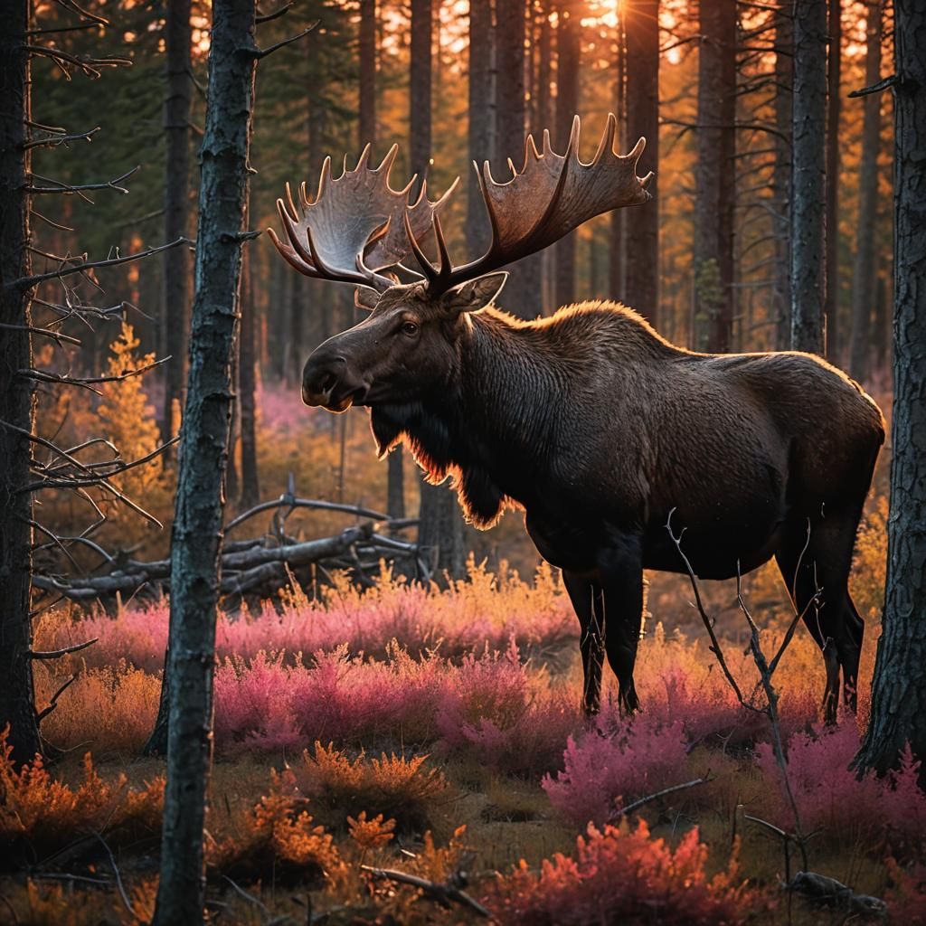 Majestic Moose in Forest Clearing at Sunset