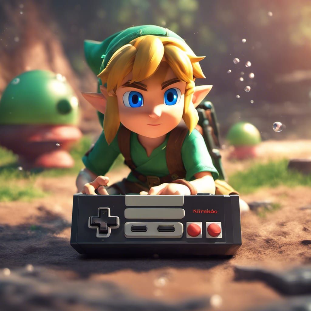 Cute Link Playing Nintendo in Synthwave Style