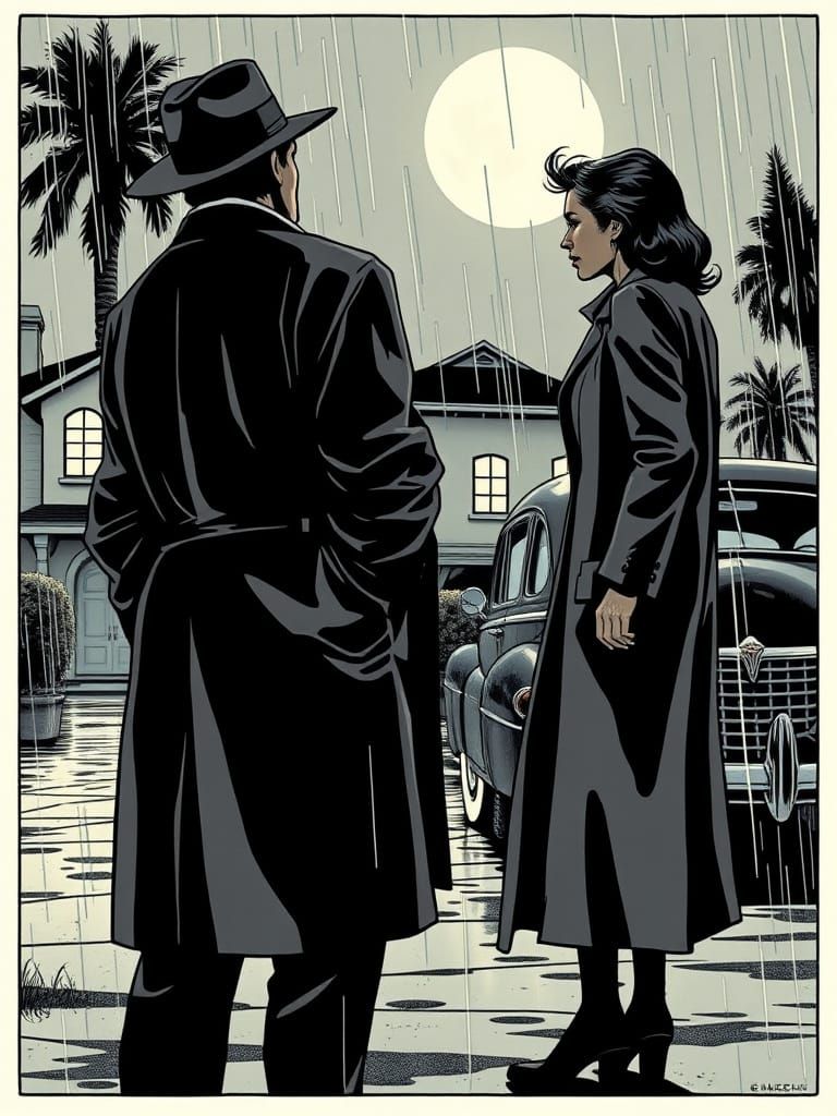 Noir Detective Argues with Woman in Rain
