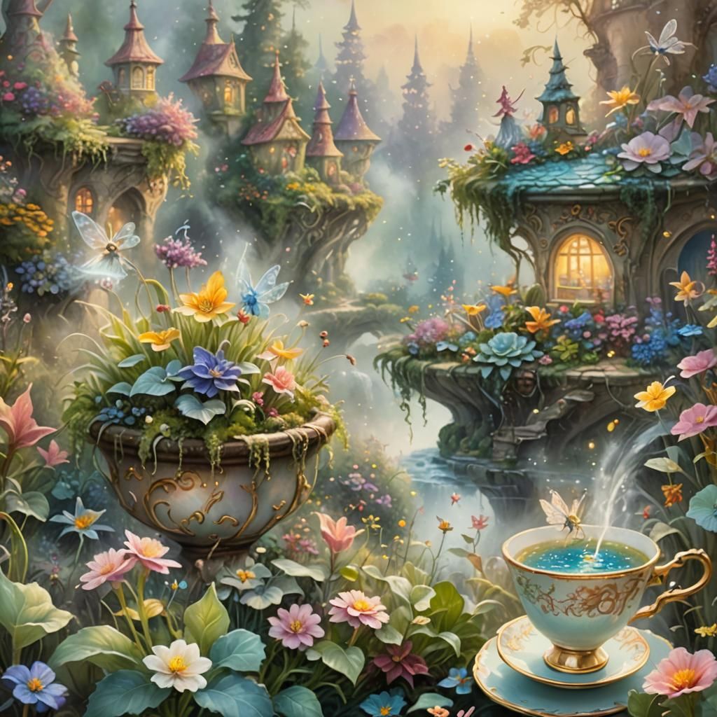Enchanted Fairies Tend Teacup Garden: Oil Painting