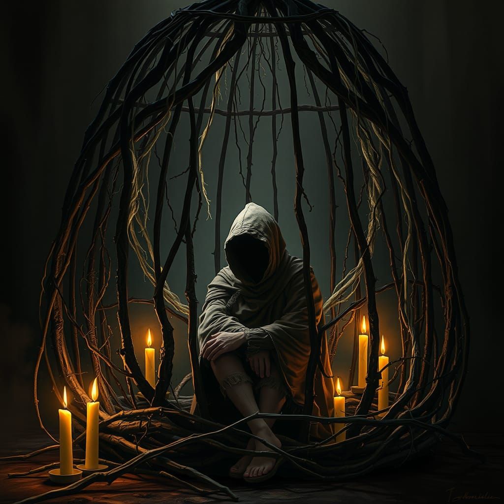 Figure Trapped in Thorny Cage, Digital Oil Painting