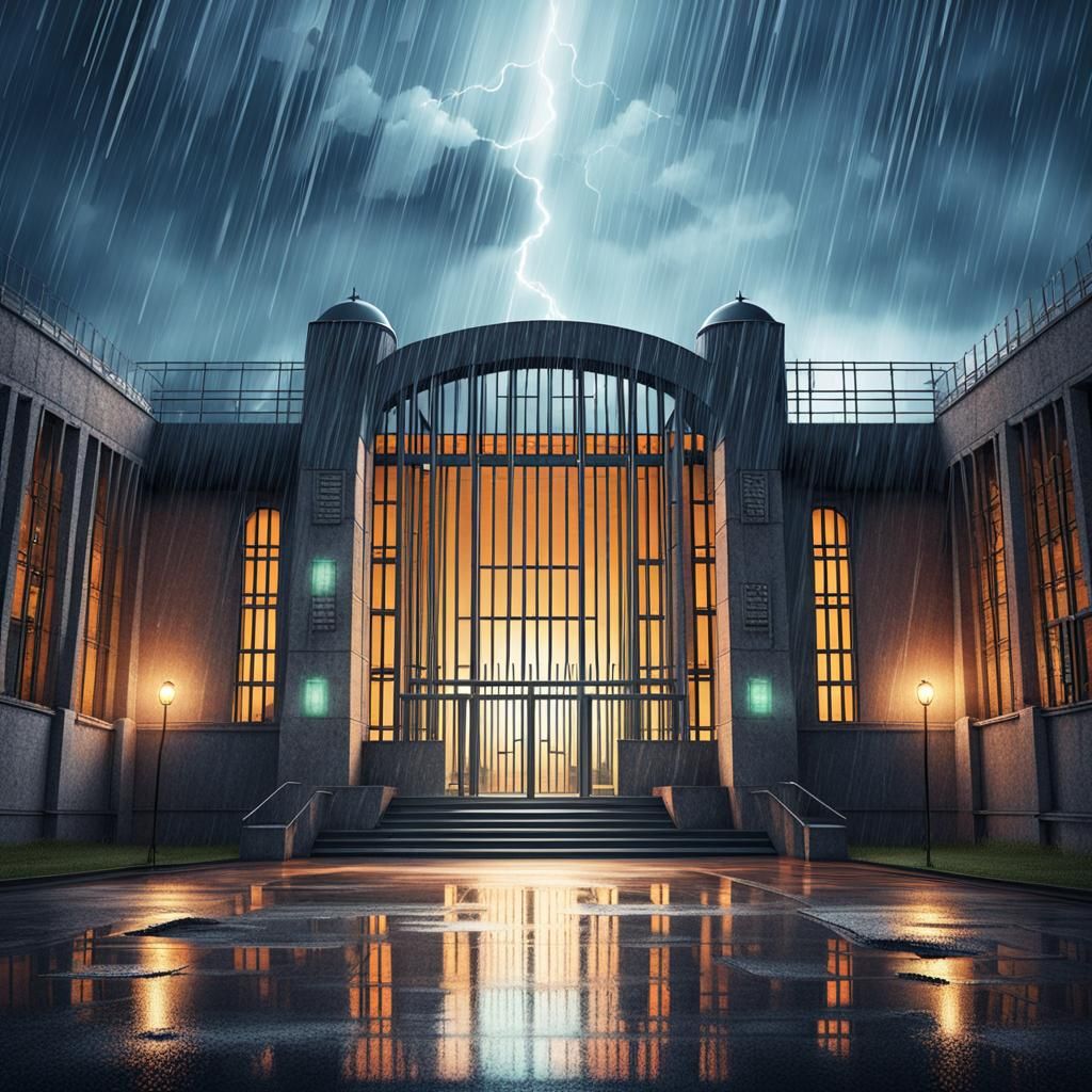 Art deco architecture of a German prison with soft light shining through the prison bars and rain falling on thr moonlit...