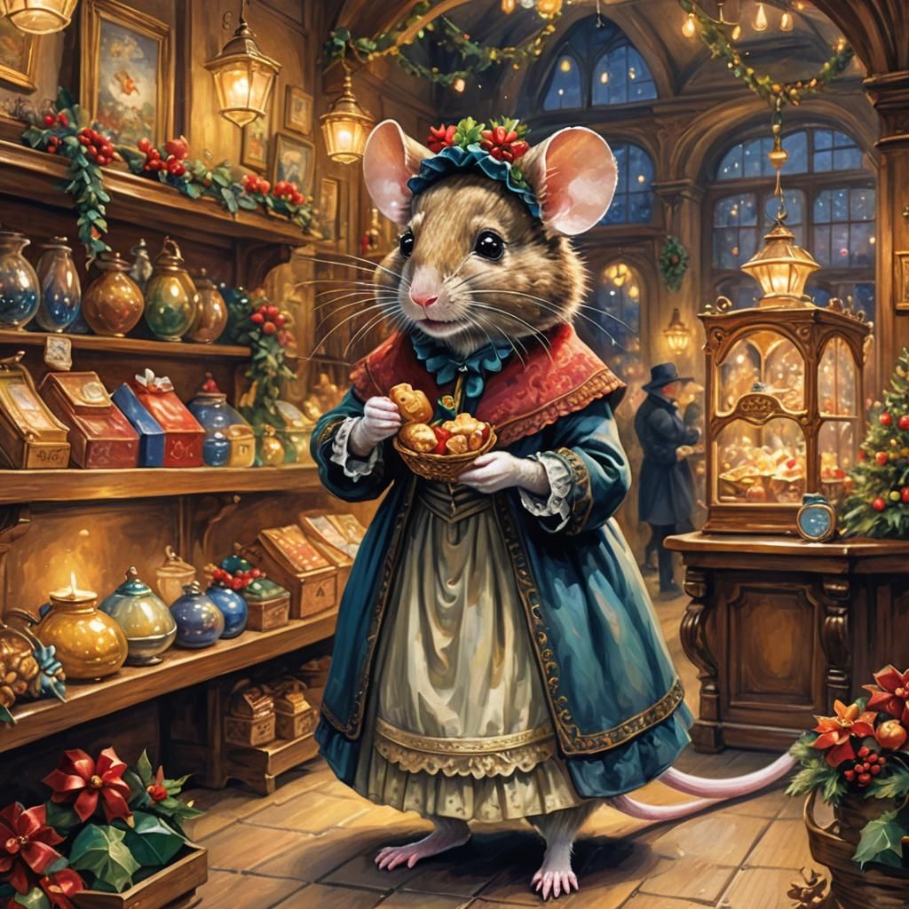 Victorian Mouse in Christmas Shop, Impressionist Painting