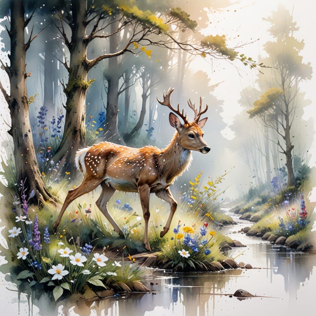 Gentle Fawn Wandering through a Wildflower Woodland