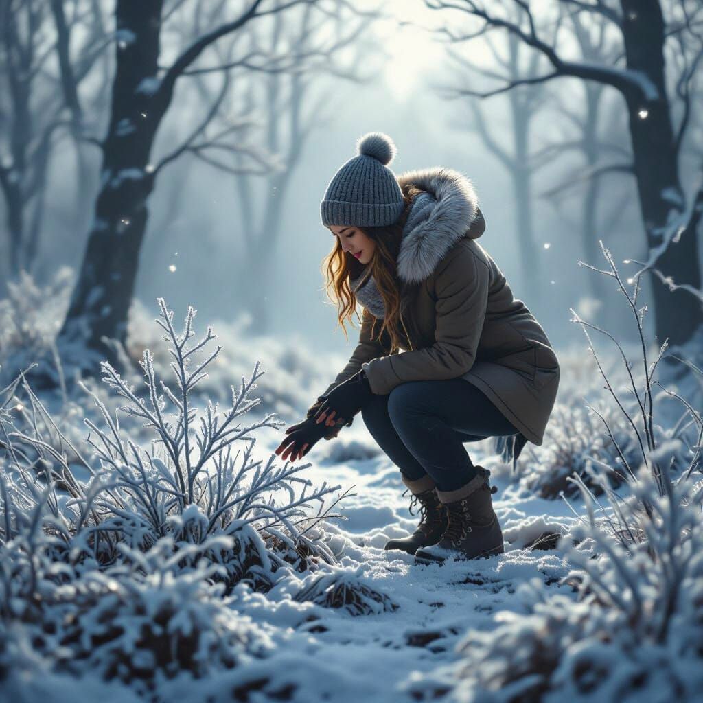 Mystical Forest Clearing with Woman and Silver Plant