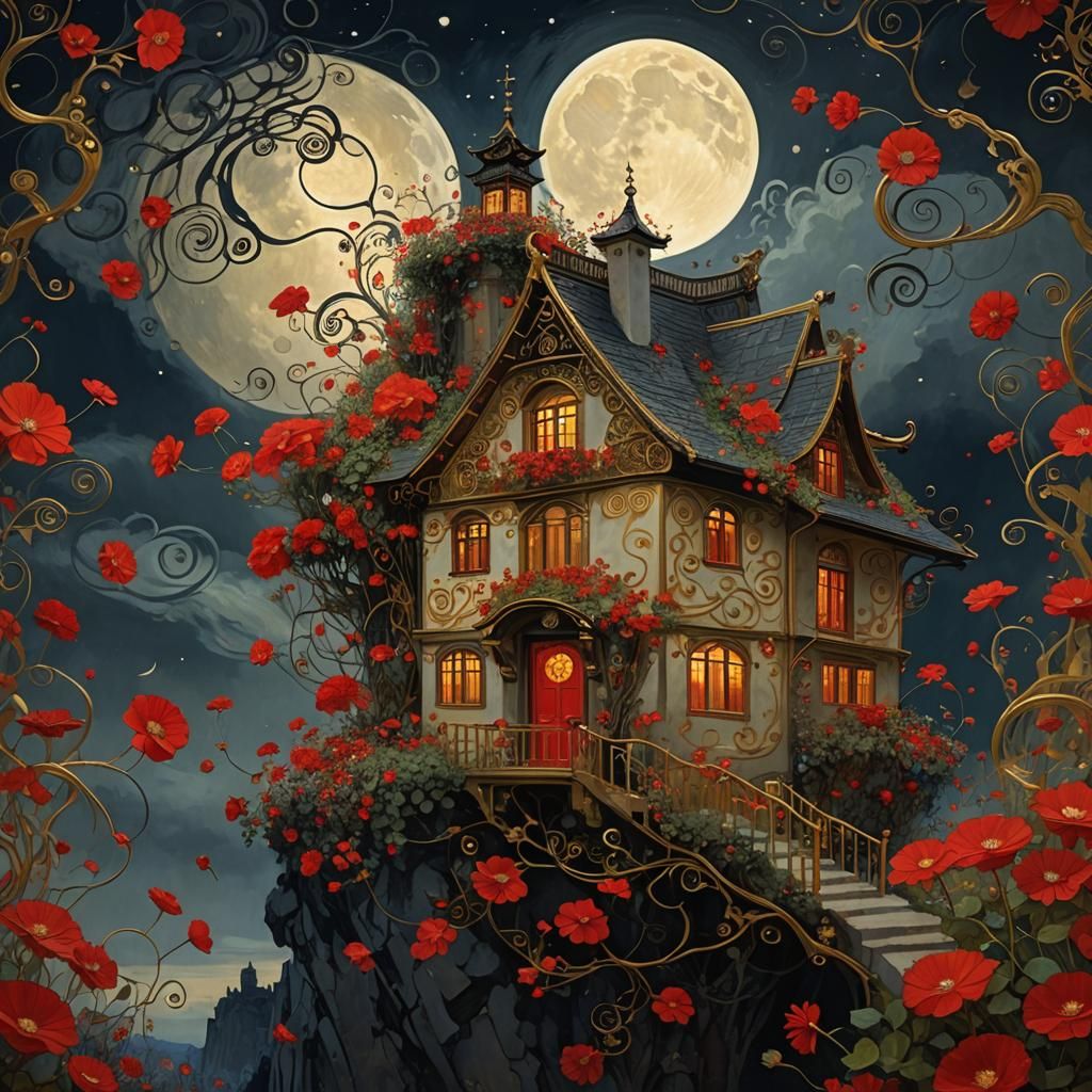 Flying House with Red Flowers in Secession Art Style