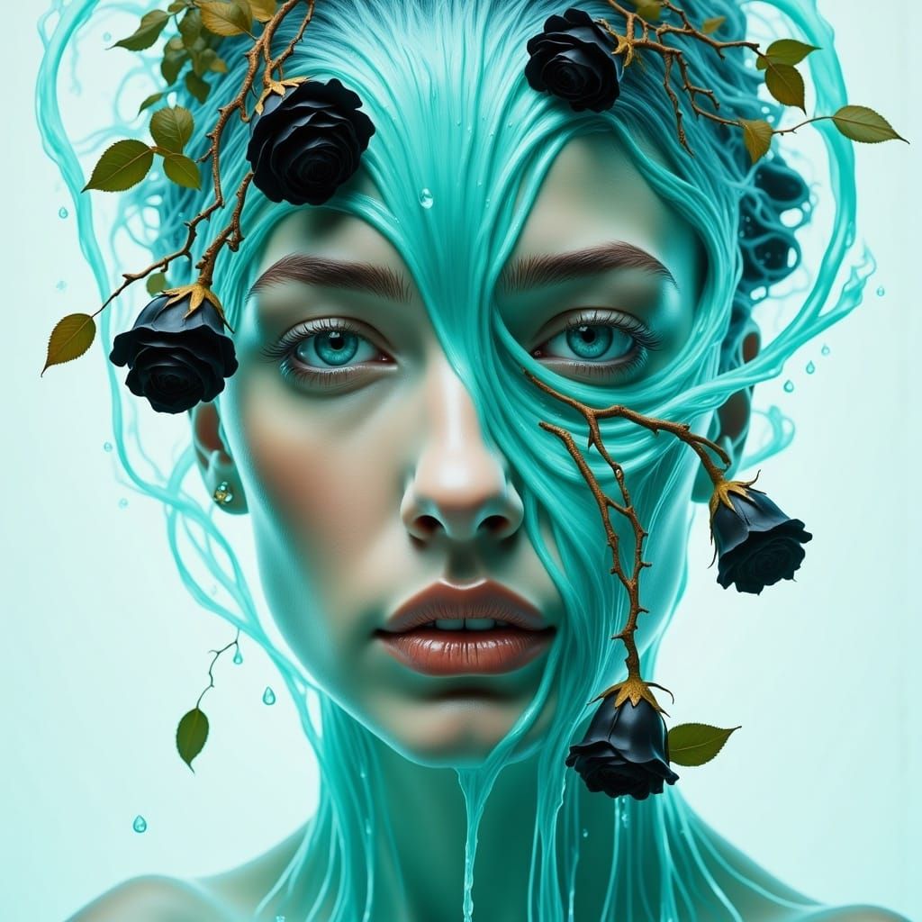 <lora:Cascade:1.0>A girl's face is blended seamlessly, with a double exposure with a waterfall that falls like a twirlin...