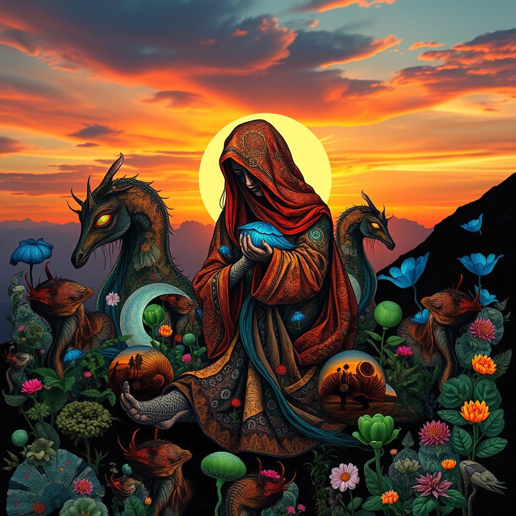 Mystical Creatures Collage in Cosmic Surrealism Style