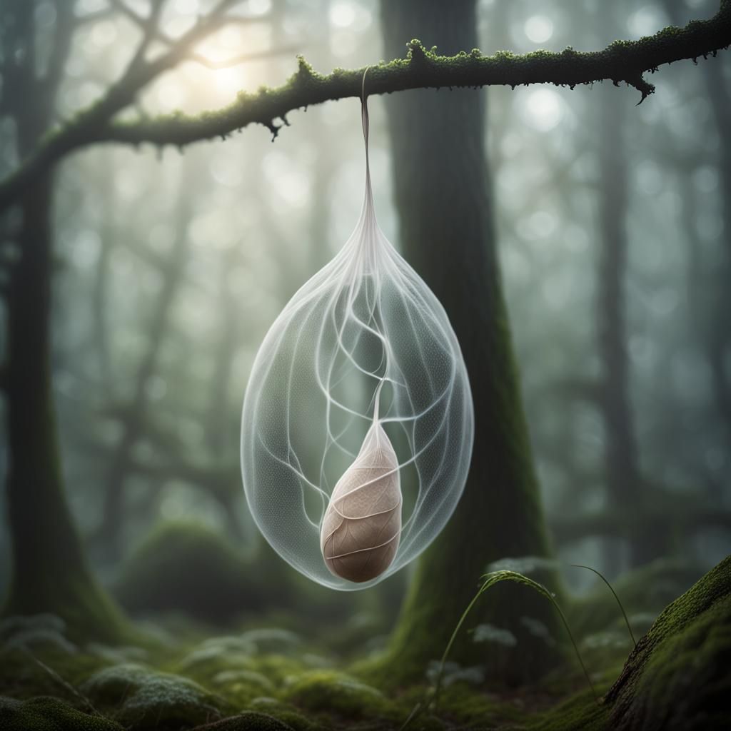 Hyperrealistic Sporocystian Cocoon in Misty Forest