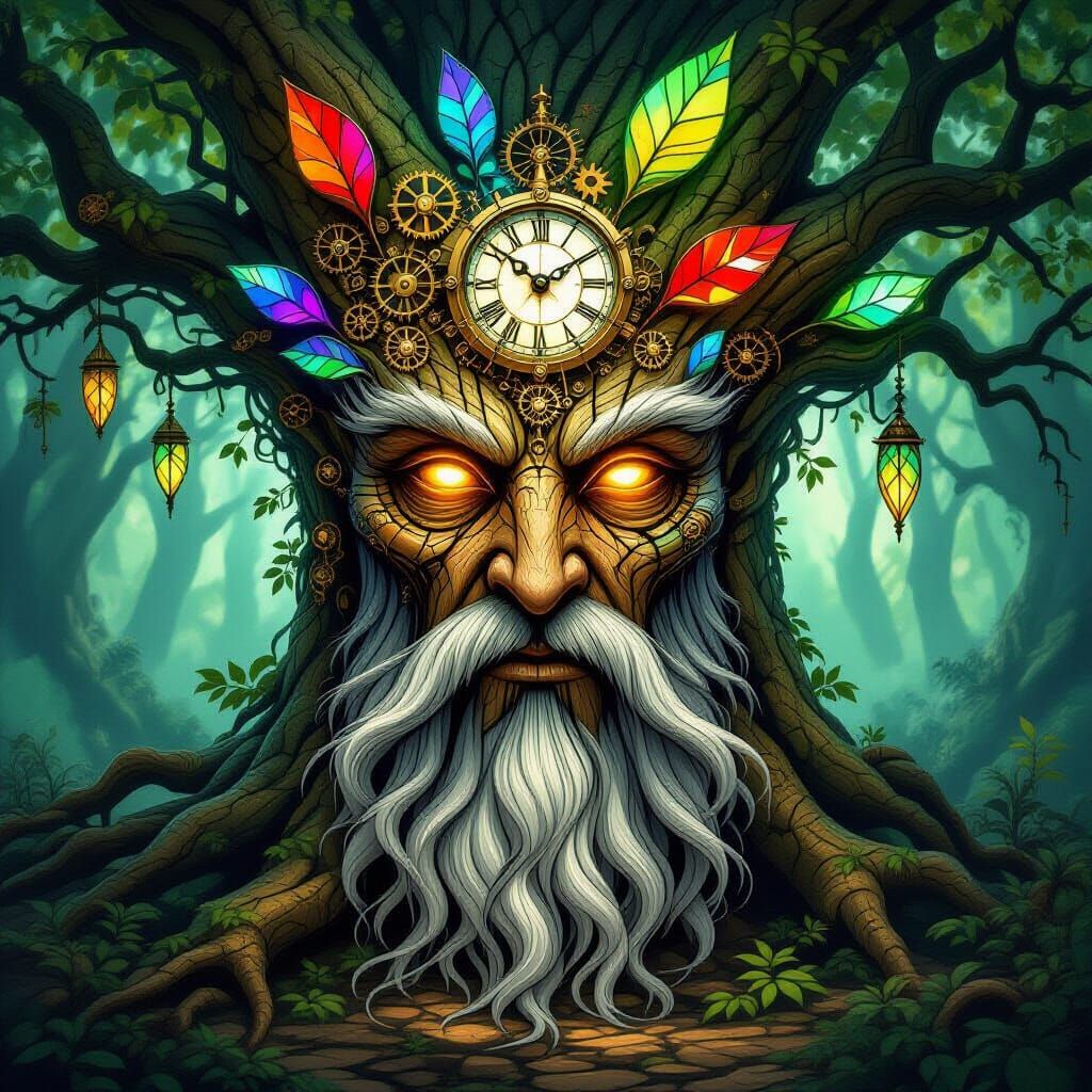 Ancient Tree Spirit with Clockwork Bark and Stained Glass Le...