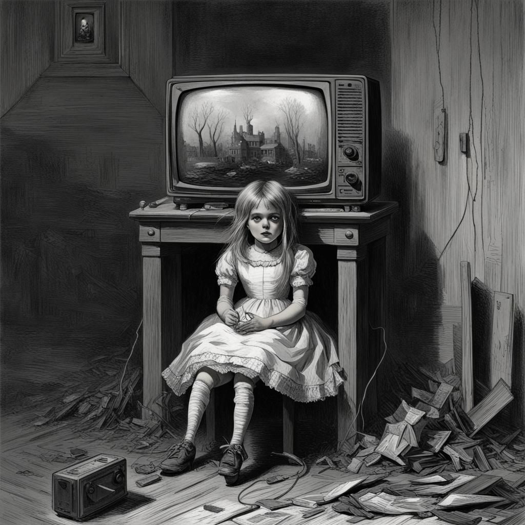 Girl with Television Head in Horror Style