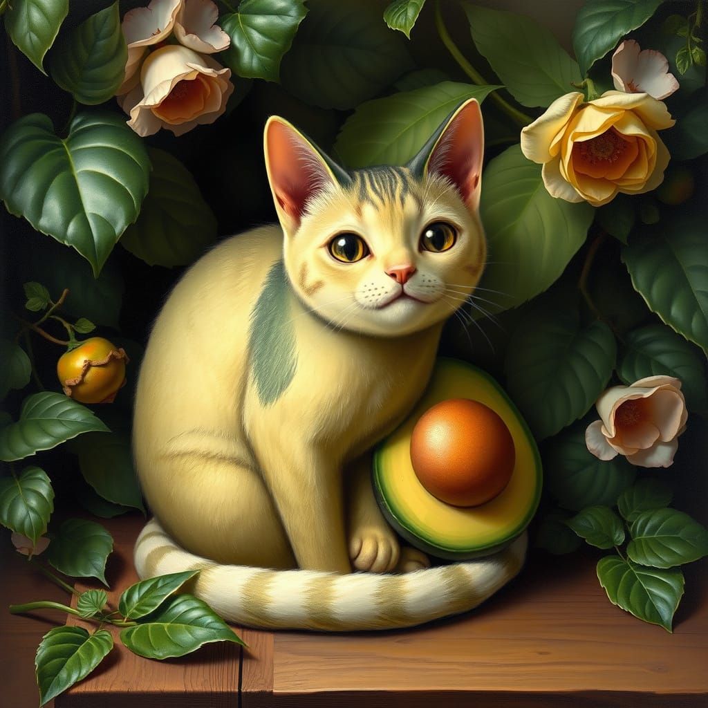 Whimsical Avocado Feline in Vibrant Surrealism