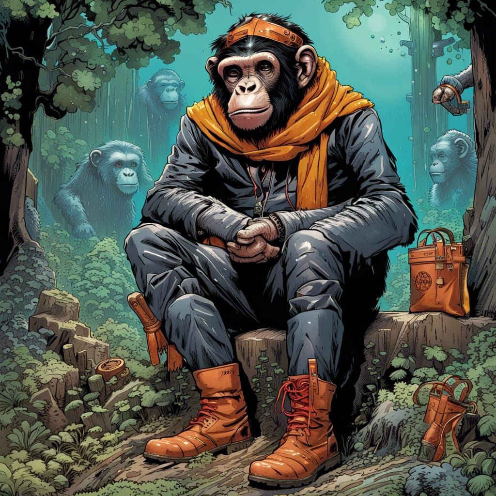 Chimpanzee in Gas Mask Comic Art Illustration