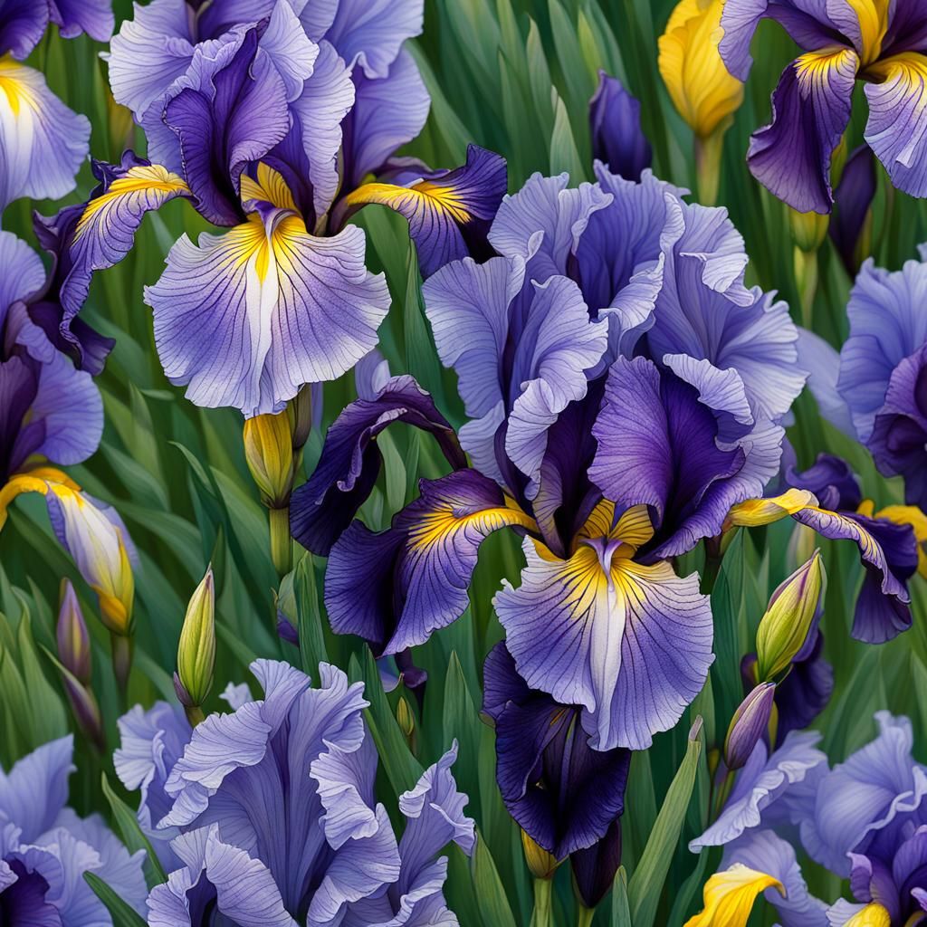 Blooming Purple-Blue Irises in Hyperrealistic Detail