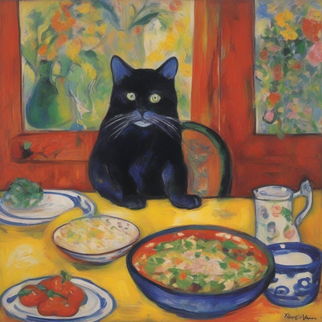 Cat Contemplates Miso Soup: An Expressionist Vision