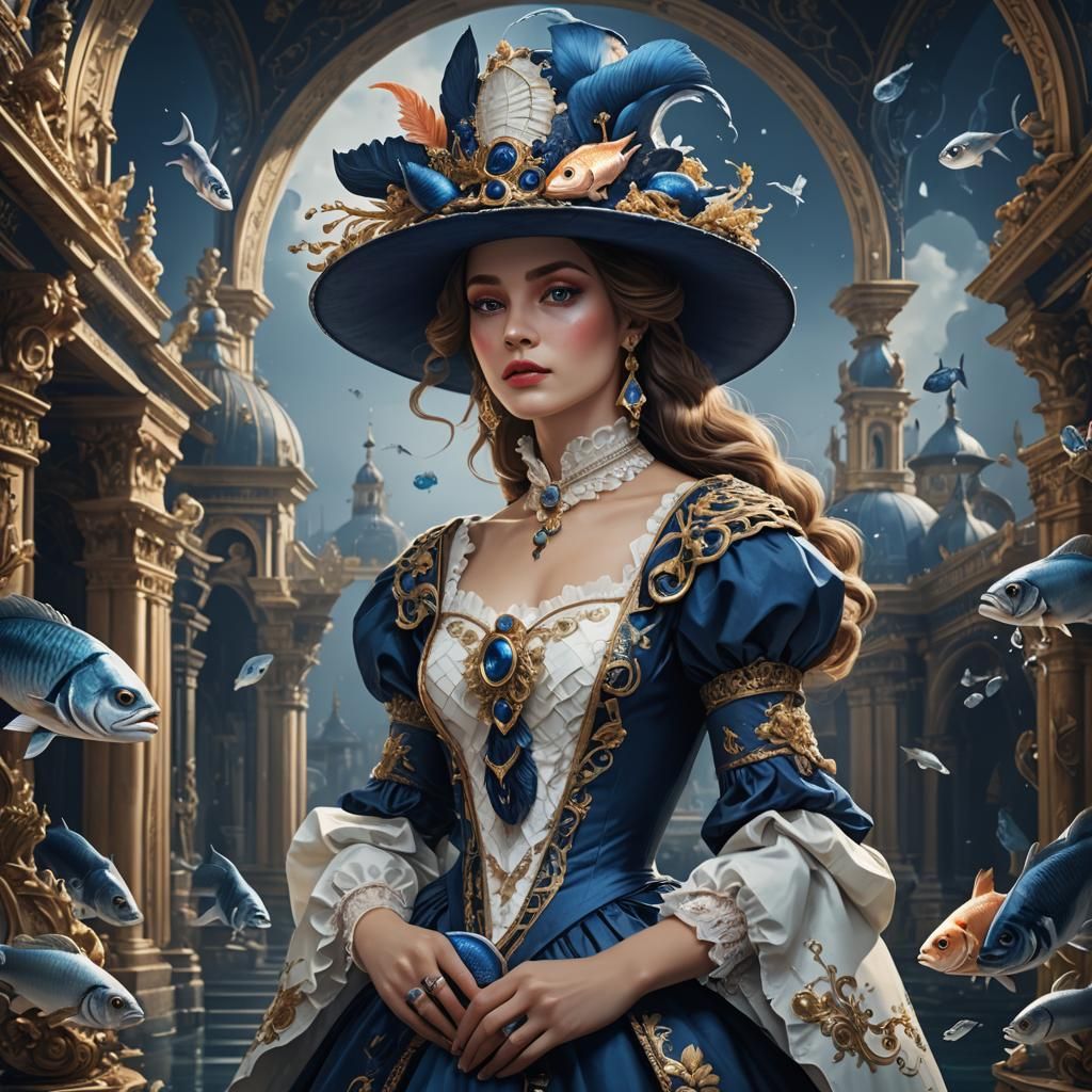Baroque Woman with Fish Hat: Detailed Digital Painting