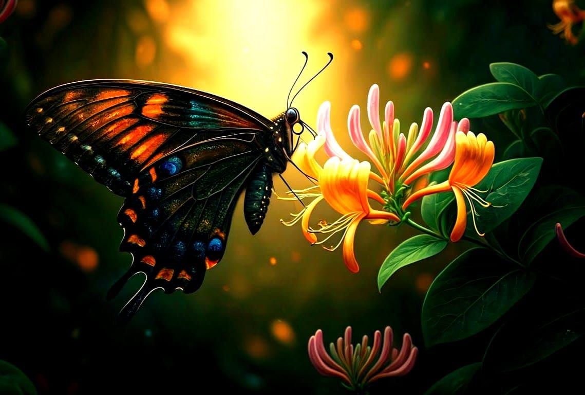 Butterfly and Honeysuckle Fantasy Art in 8K