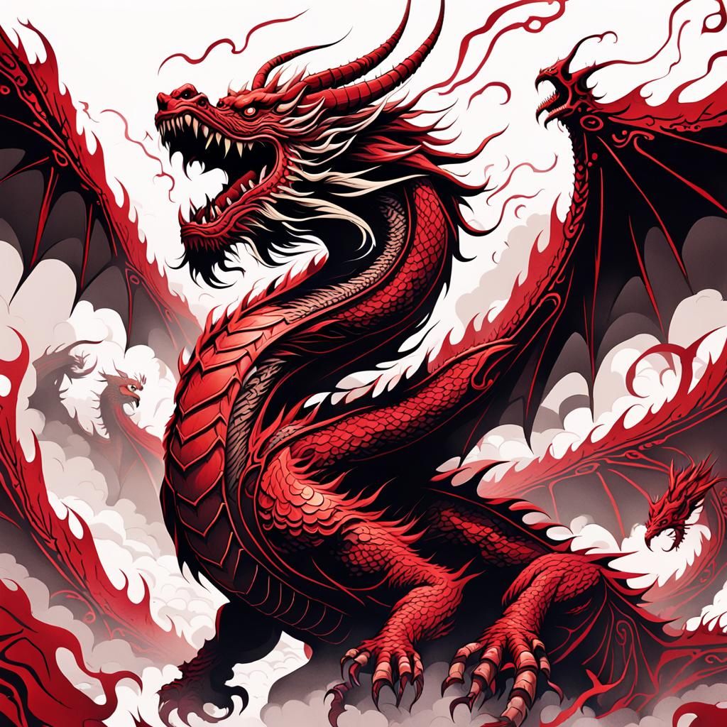 Fierce Chinese Dragon Concept Art in Red Monochrome