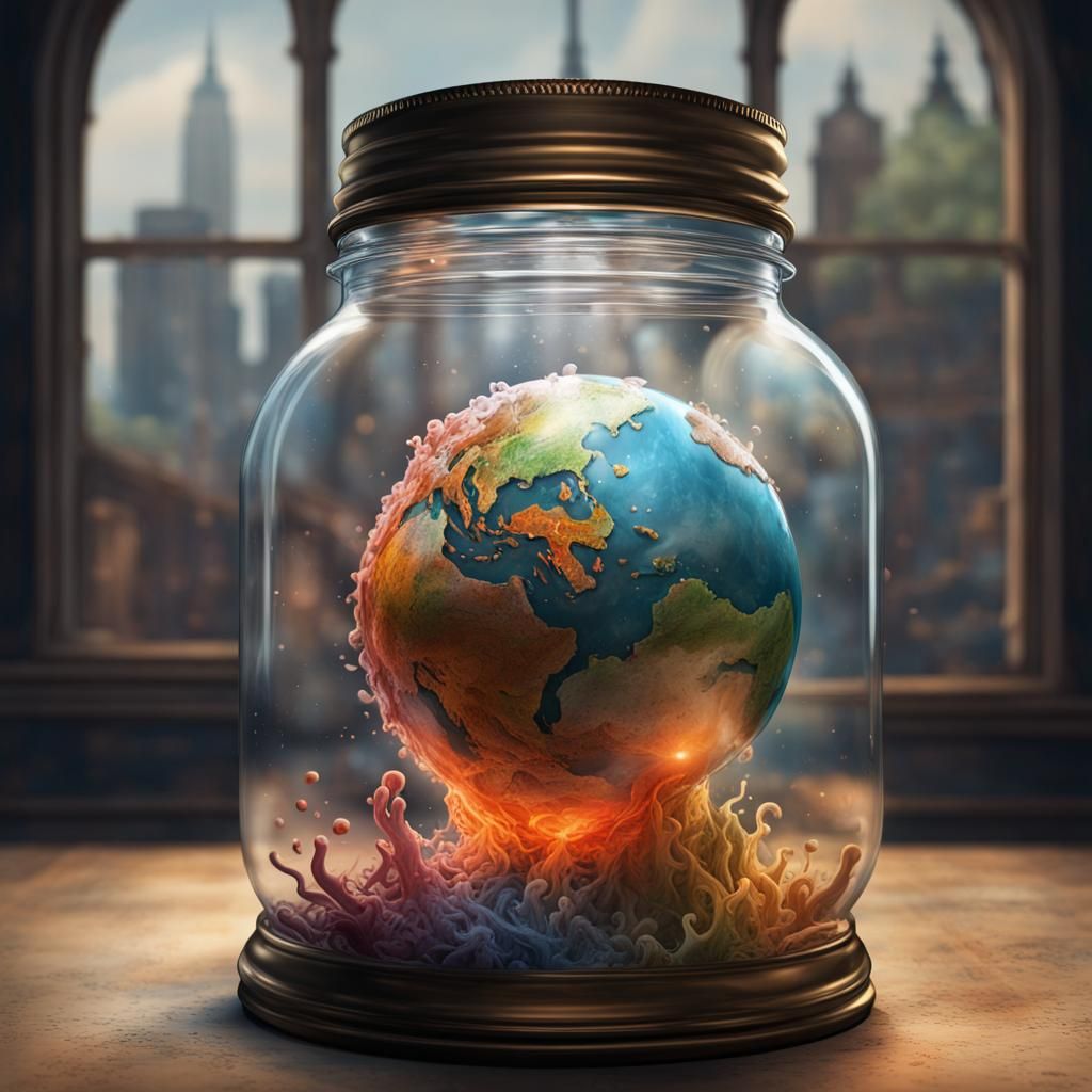 Distressed Globe in Jar: Hyperrealistic Concept Art