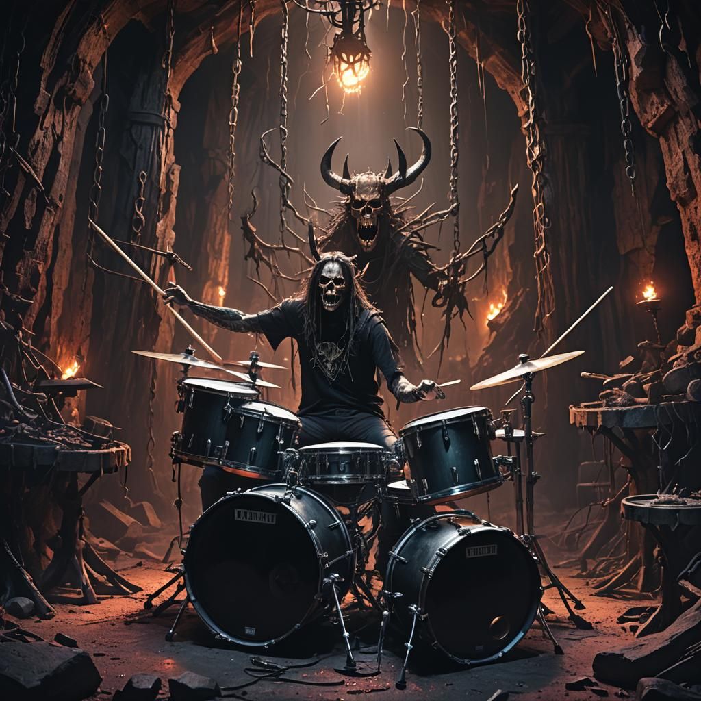 Demonic Death Metal Drummer in Mystical Cavern