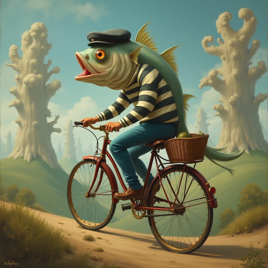 Surreal; a fish riding a bicycle