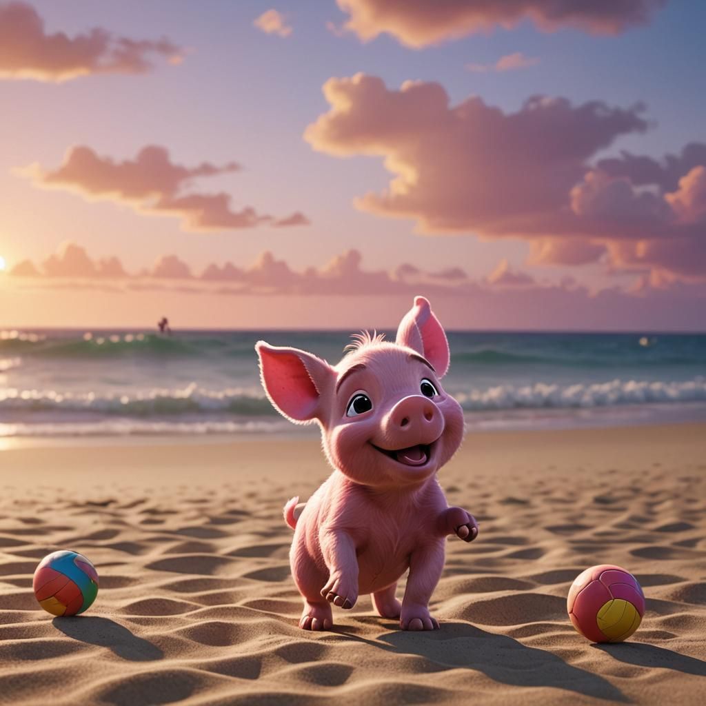 Piglet's Sunset Beach Game: Pixar-Style 3D Art