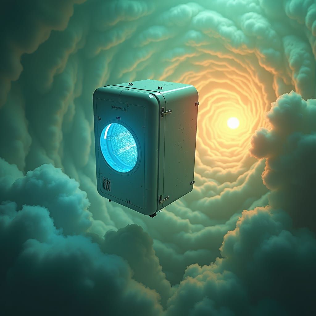 Flying Scanner Fridge in a Cyberpunk Dreamscape