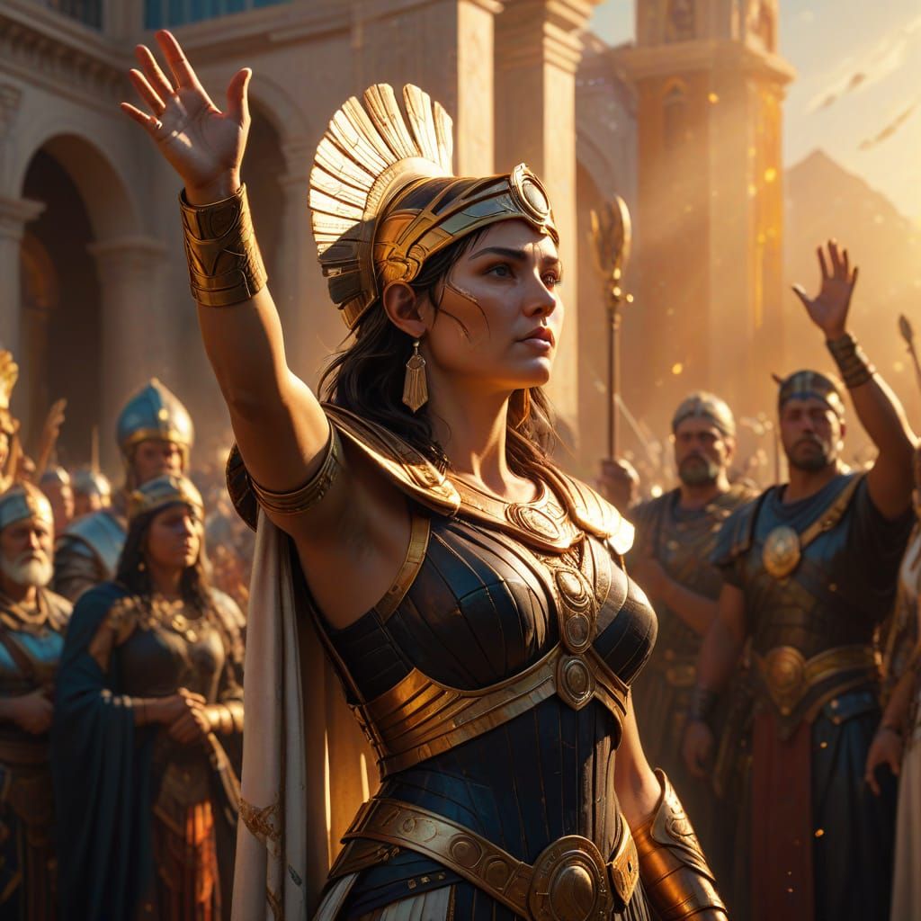 Athena Takes Oath in Cinematic Hyperrealism