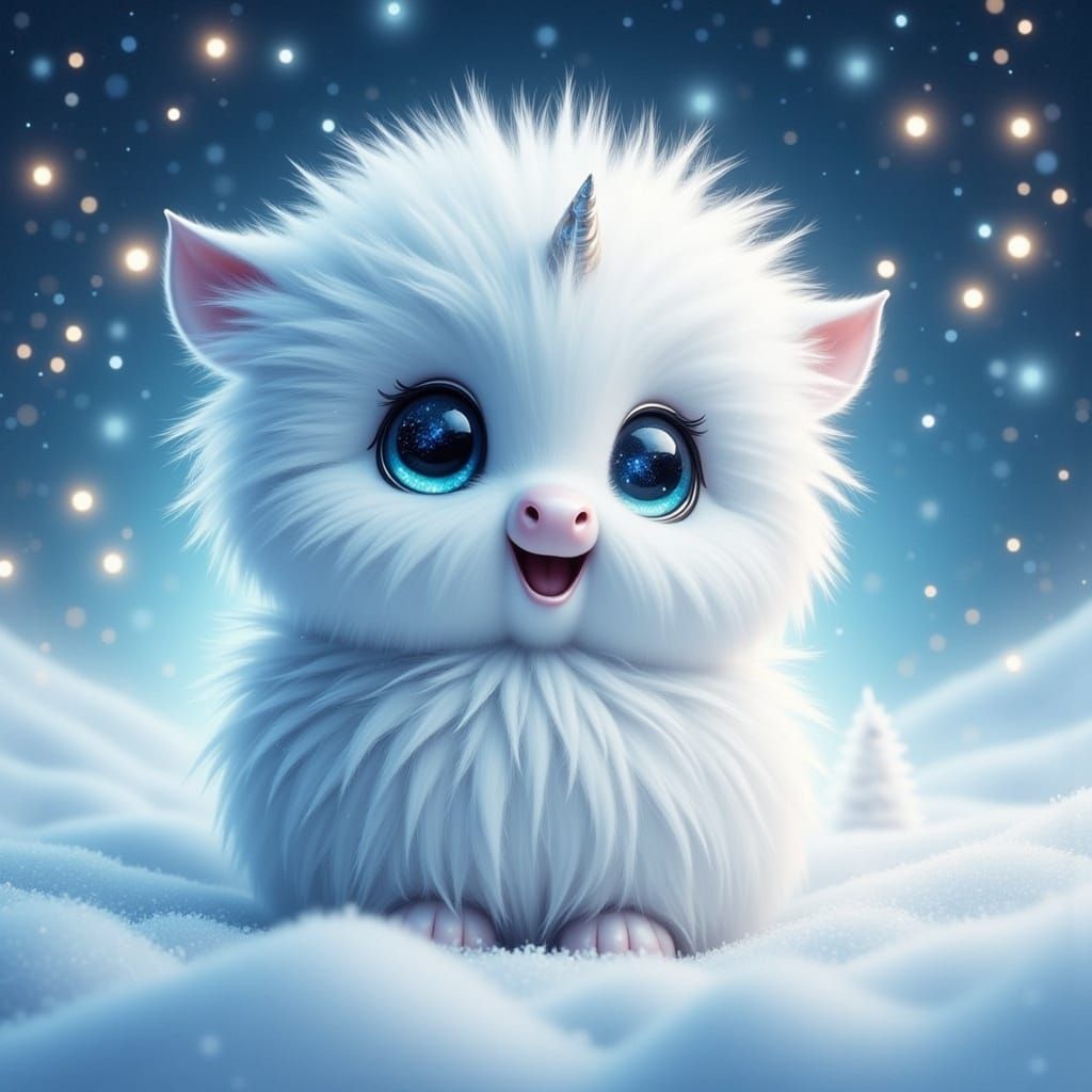 Adorable Fluffy Snow Creature with Sparkling Eyes
