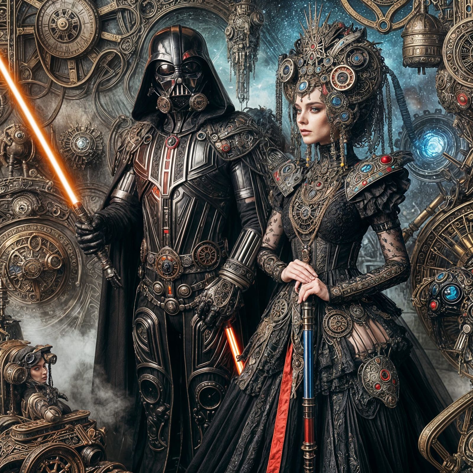 Surreal Battle of Elegance in Cyberpunk Steampunk Style