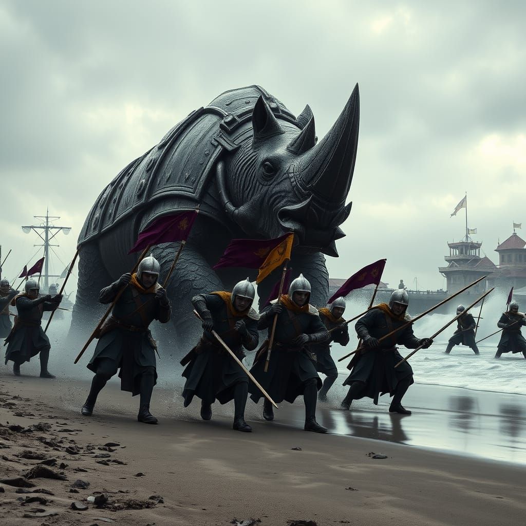 Medieval Marines Charge the Beach in Dark Fantasy Battle