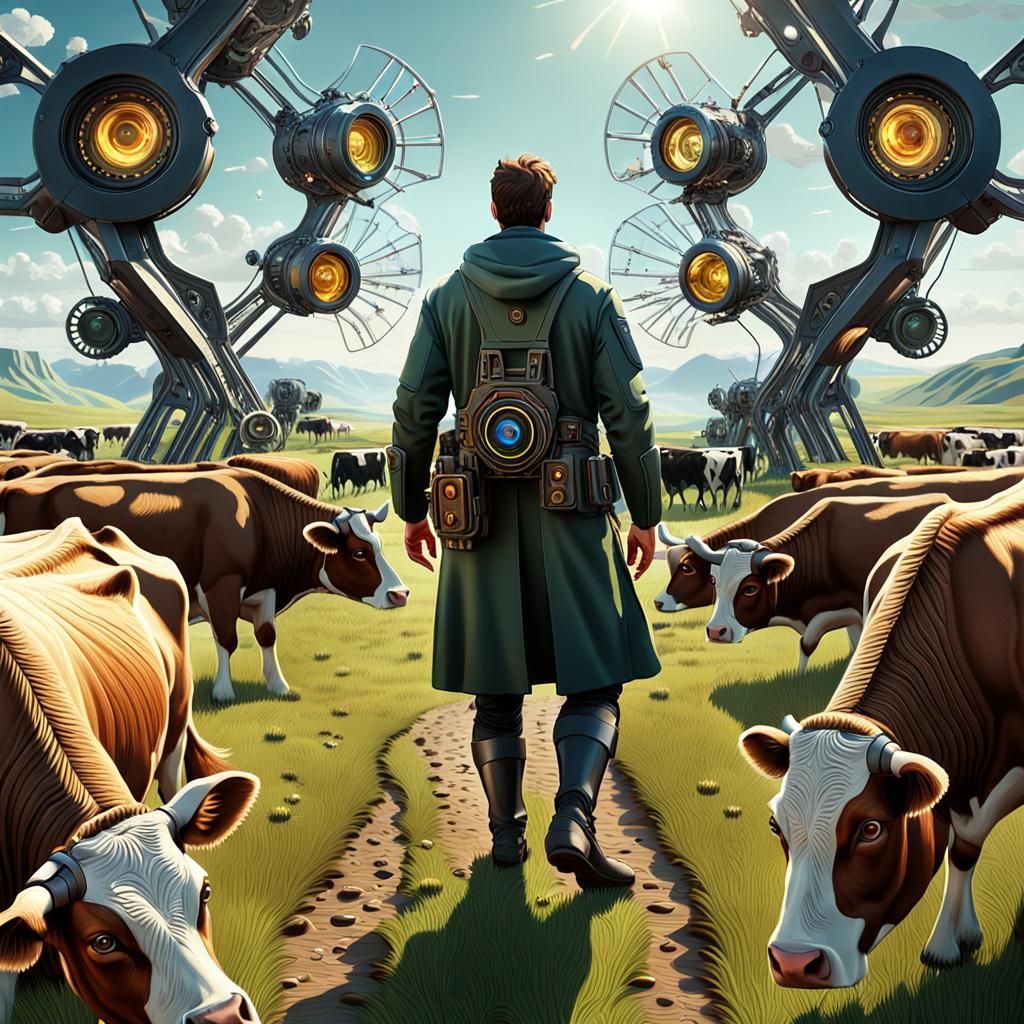 Futuristic Shepherd Oversees Cybernetic Cows
