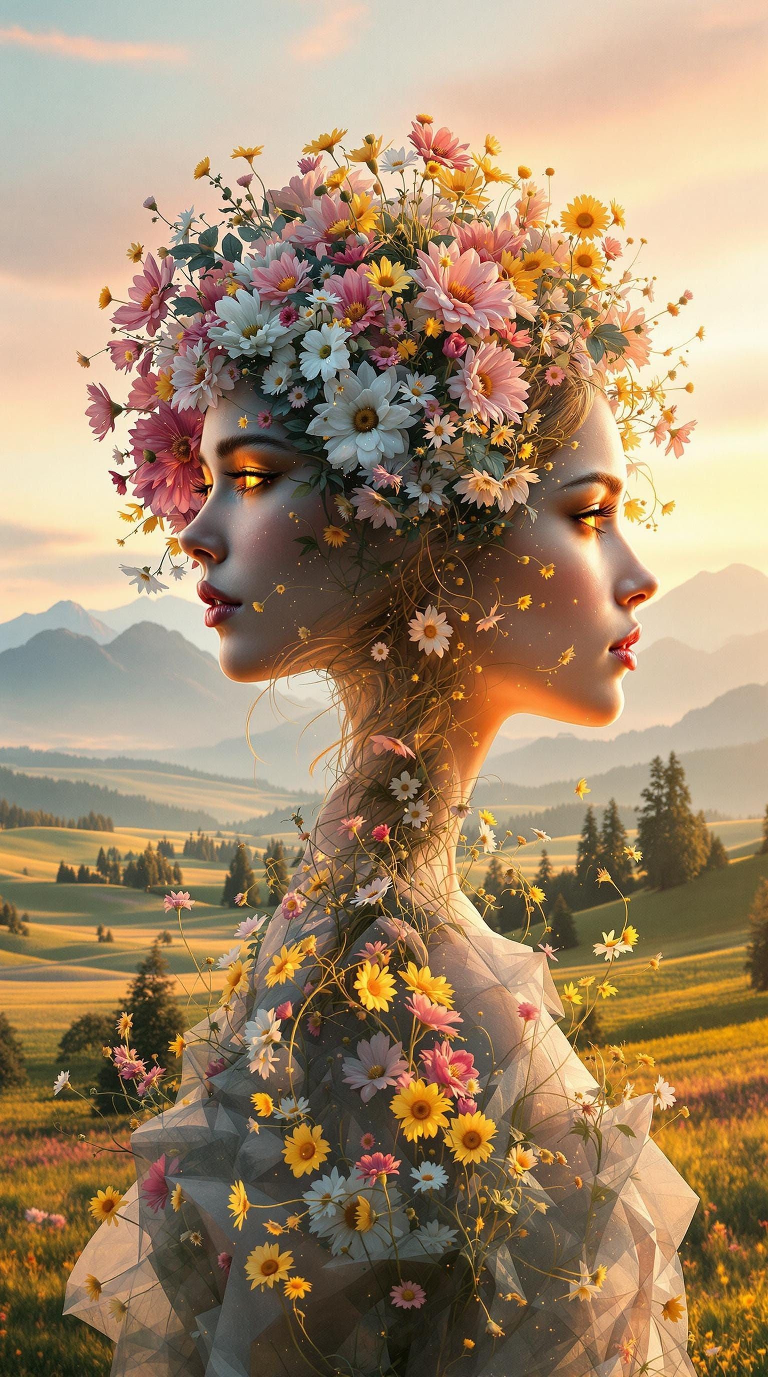 Dreamlike Woman Surrounded by Vibrant Wildflowers in Sunset ...