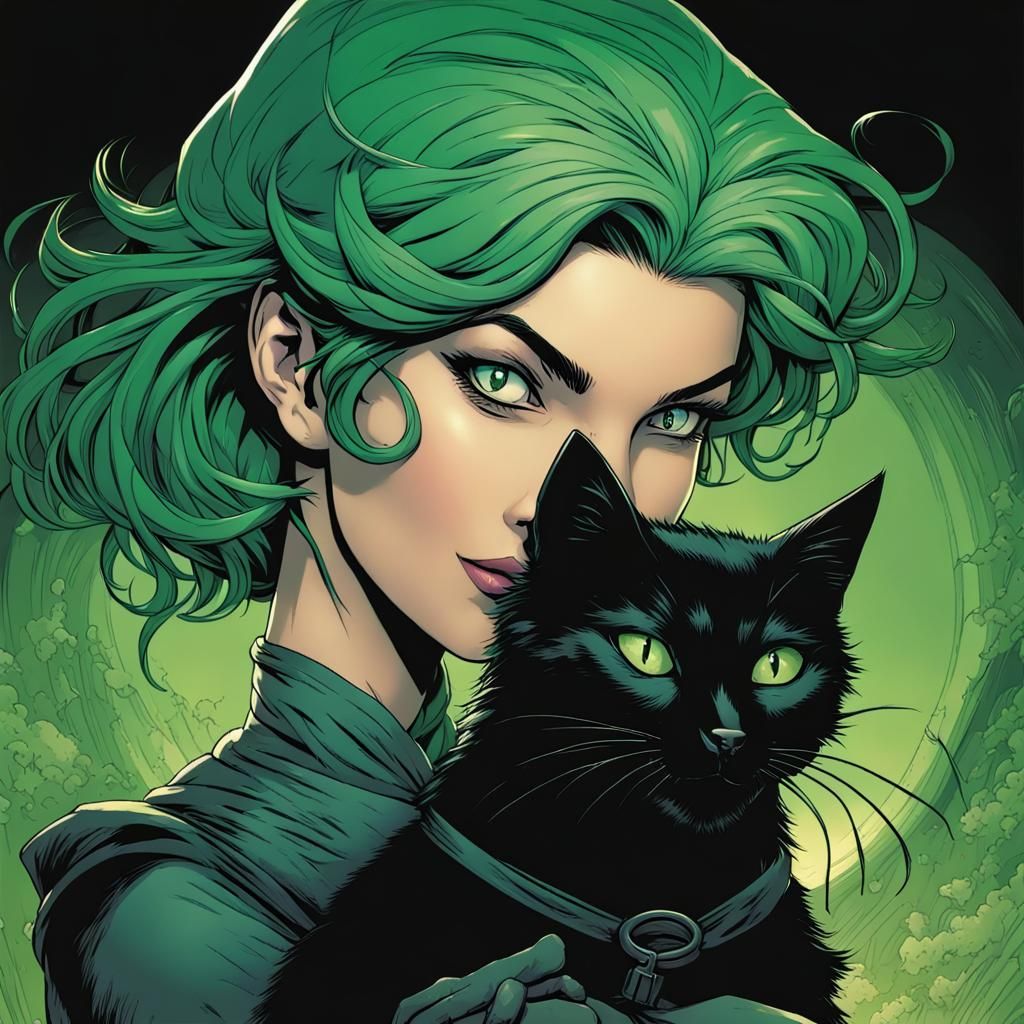 Green-Haired Witch Posing with Black Cat, Comic Art