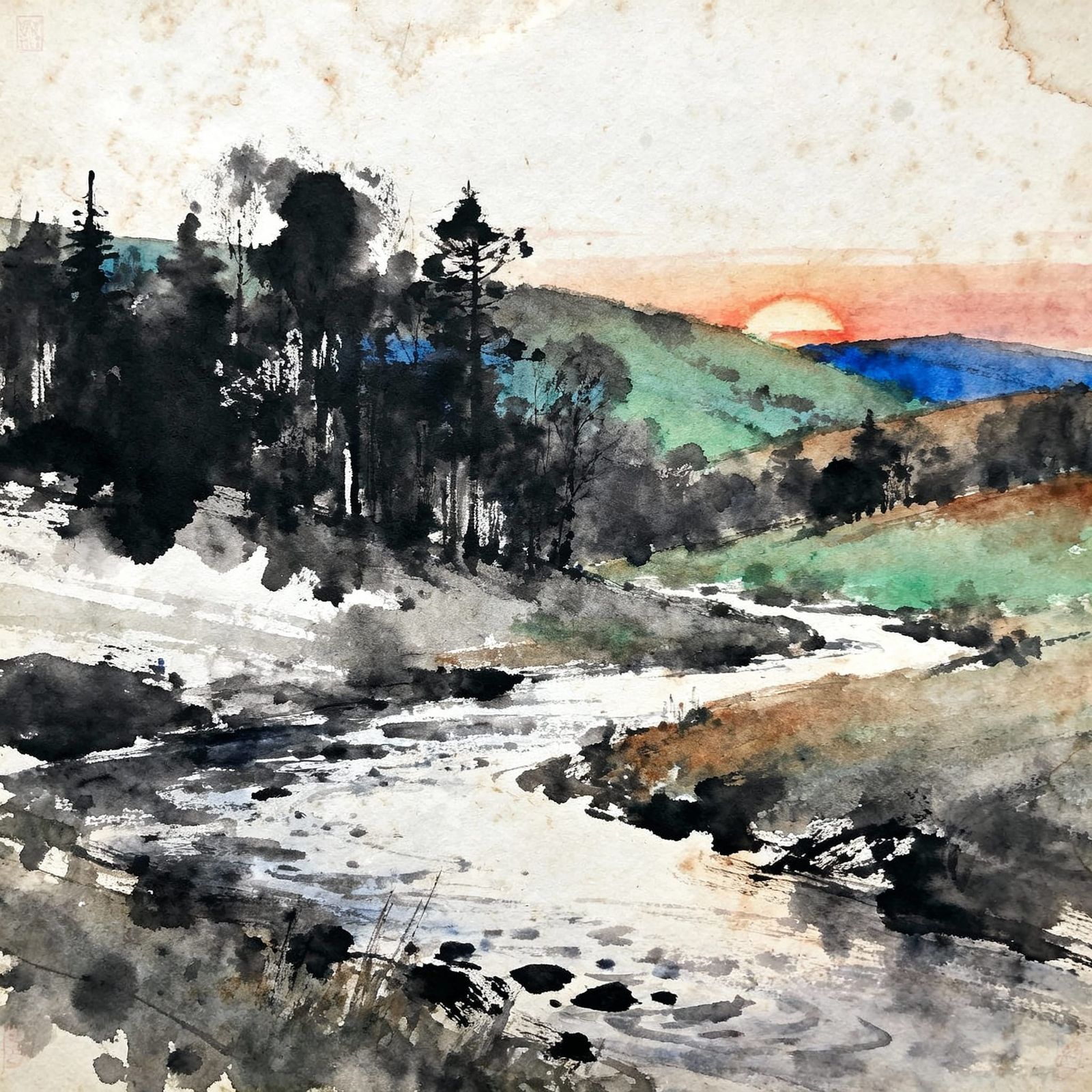 Vintage Forest Sunset in Modern Ink Painting Style