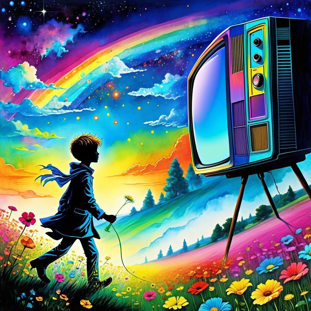 Anthropomorphic TV in Radioactive Flower Field, Surreal Art