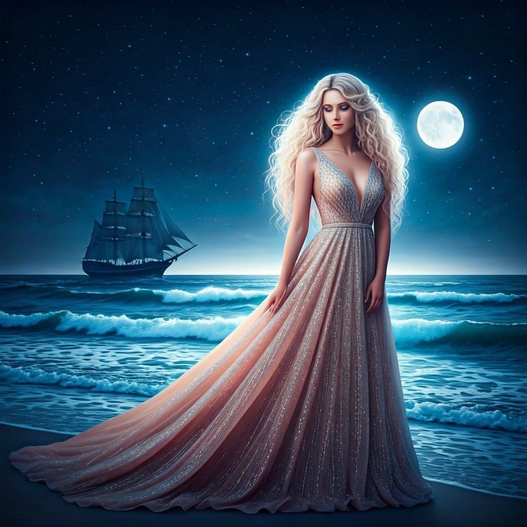 Ethereal Goddess of the Moonlit Shore in a Glittering Gown