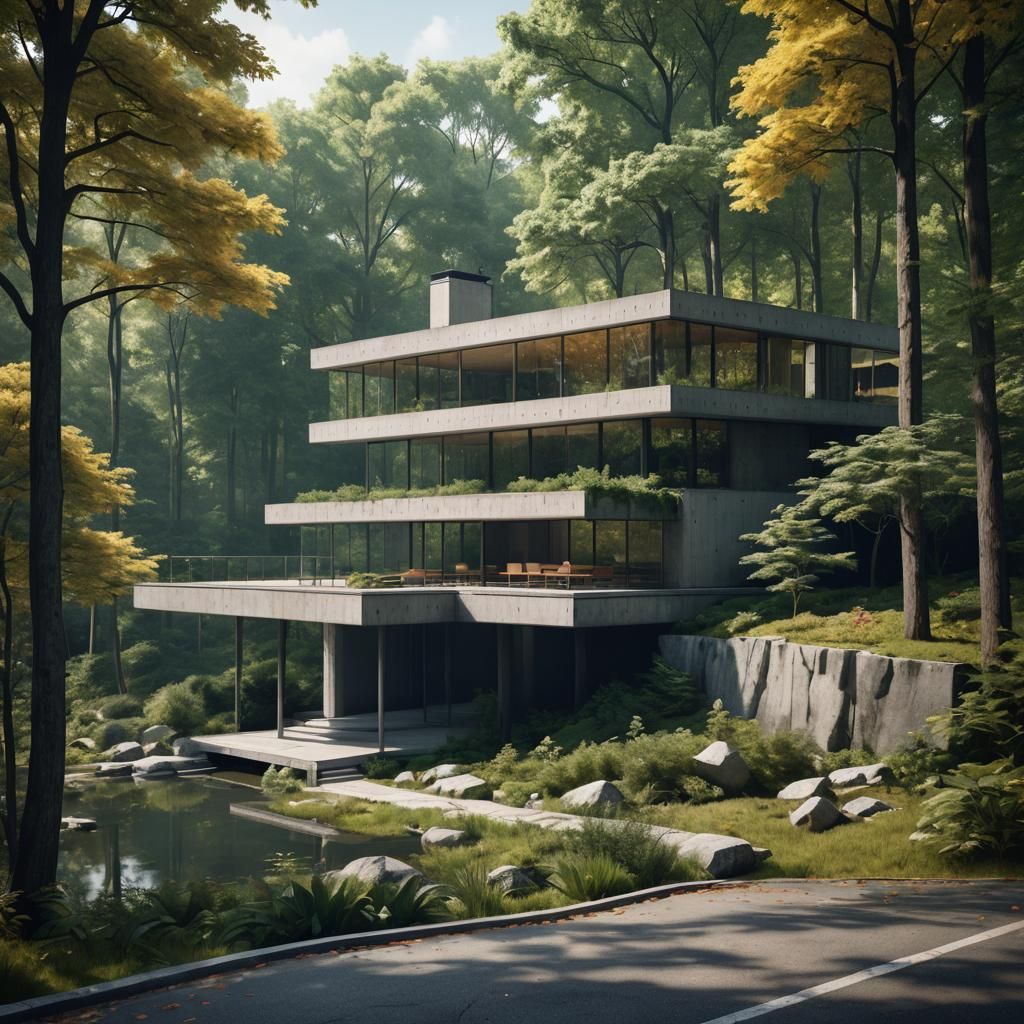 Modernist Vacation Home in Forest, Detailed Matte Painting