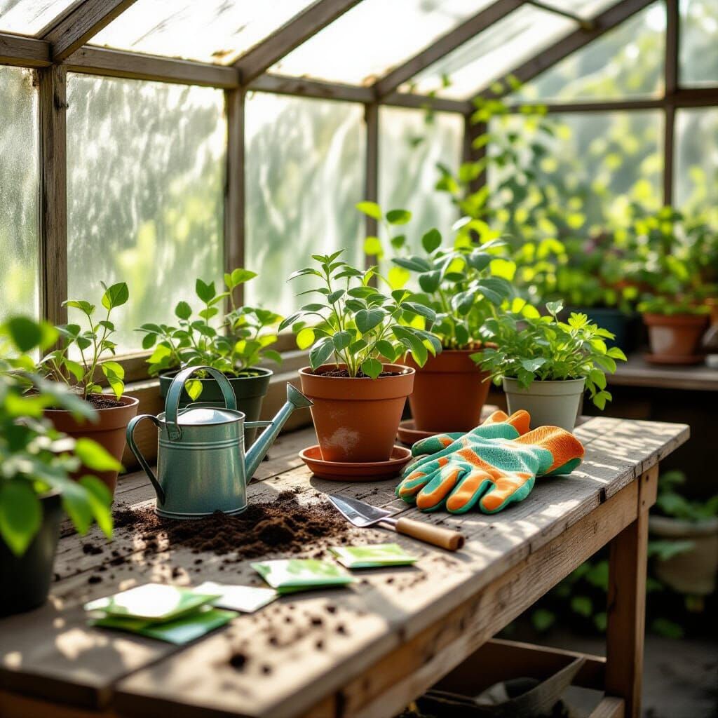 Gardening Tools on Old Potting Table in Greenhouse