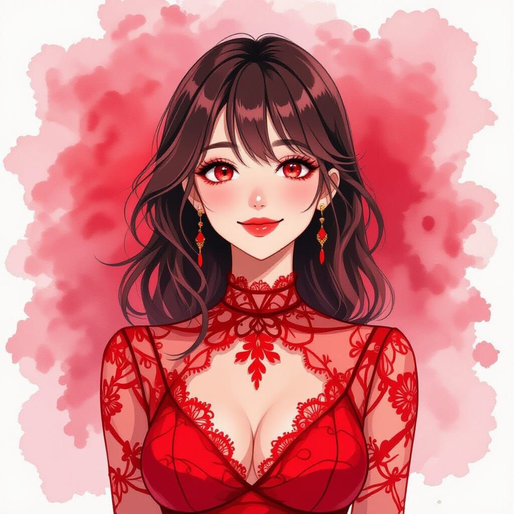 Woman in Red Lace Dress, Watercolor Style
