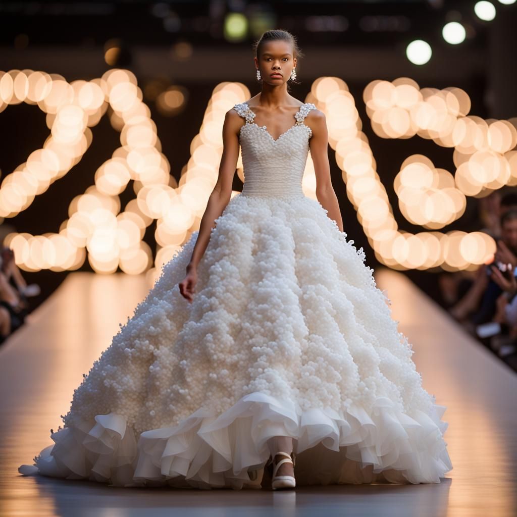 Model in 3D Baseball Ballgown on Runway