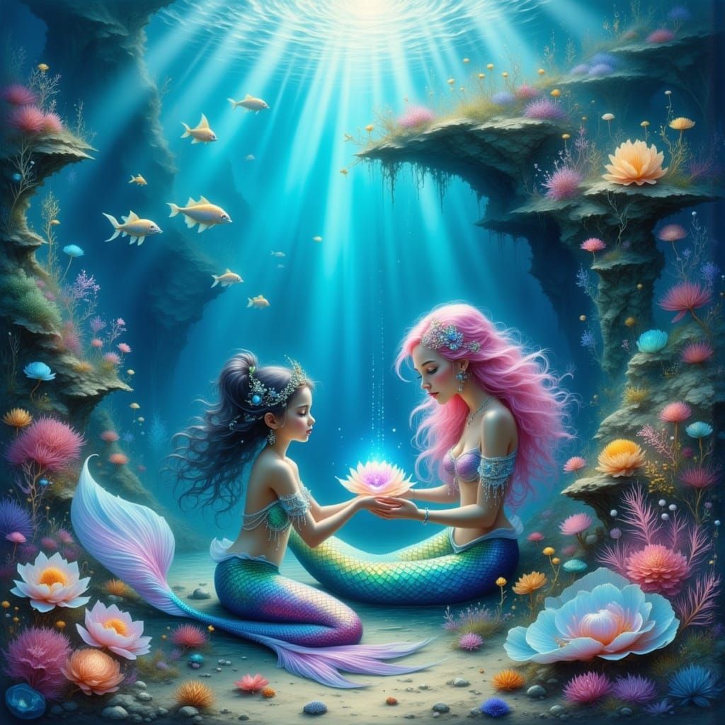 Mermaid Receives Glowing Pearl from Sea Goddess Underwater