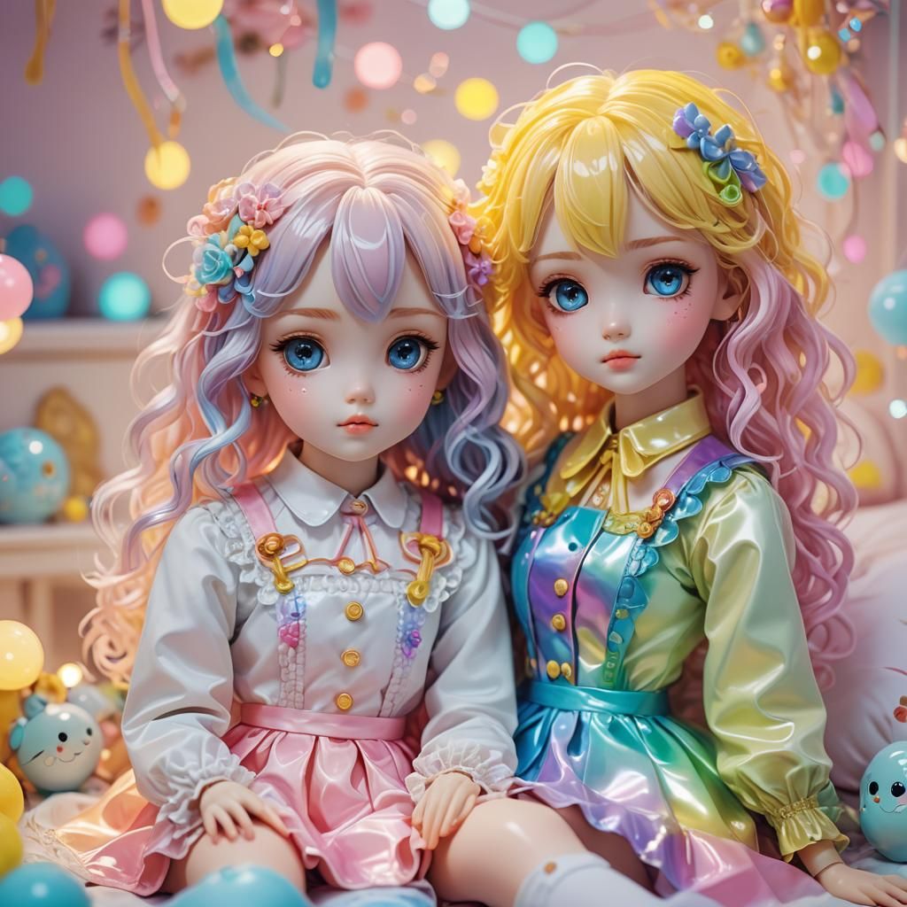 Pastel Anime Dolls in a Cute Bedroom