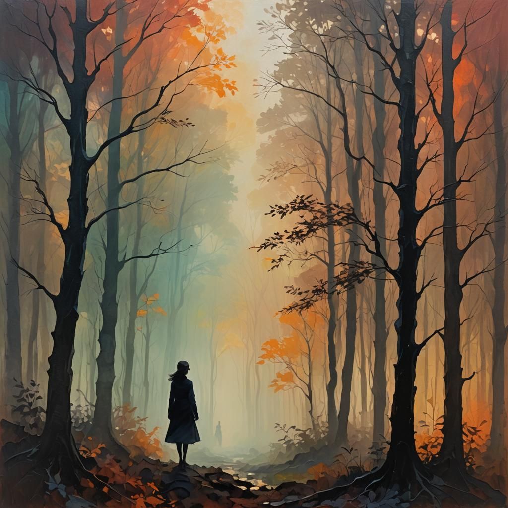 Mysterious Forest: Silhouette in Mist, Impasto Style
