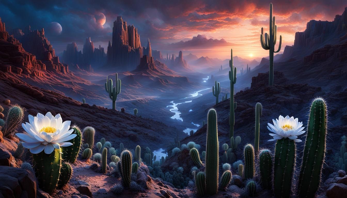 Fantasy Desert Canyon Sunset with Cactus Flower